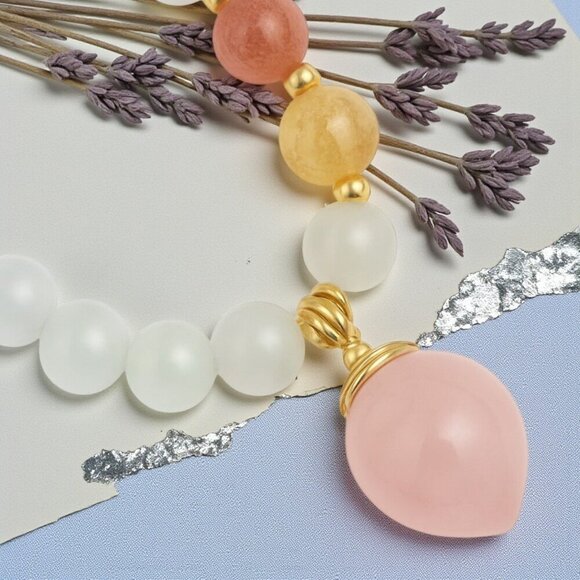 Elegant Natural Opal Beaded Dainty Stretchy Bracelet with Pink Peach Charm - Picture 5 of 9